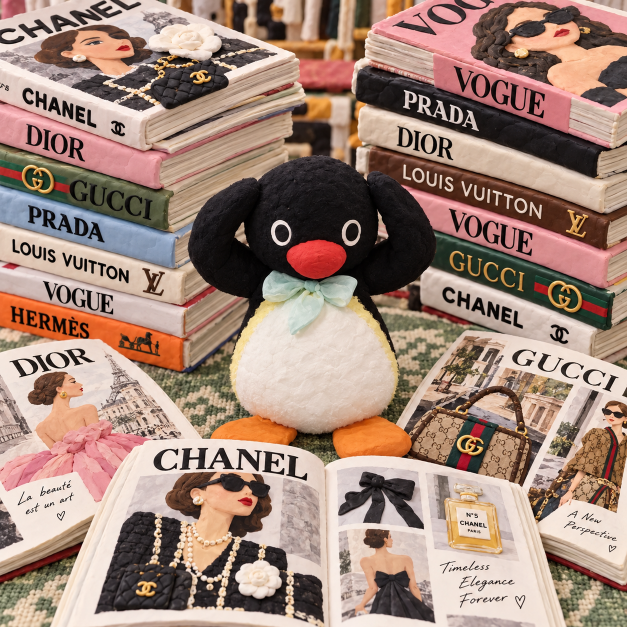 Clay penguin with flippers raised among fashion magazines
