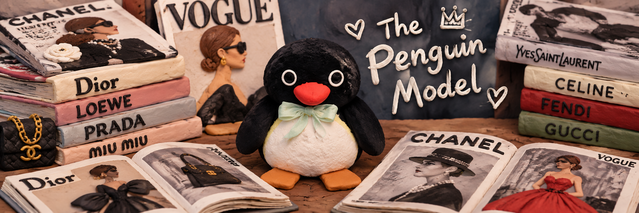 Panoramic plasticine fashion editorial of the Penguin Model